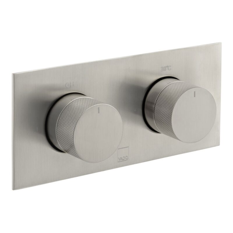 Vado Tablet Knurled Brushed Nickel Horizontal 2 Outlet, 2 Handle Shower Valve Vado Tablet Knurled Brushed Nickel Horizontal 2 Outlet, 2 Handle Shower Valve