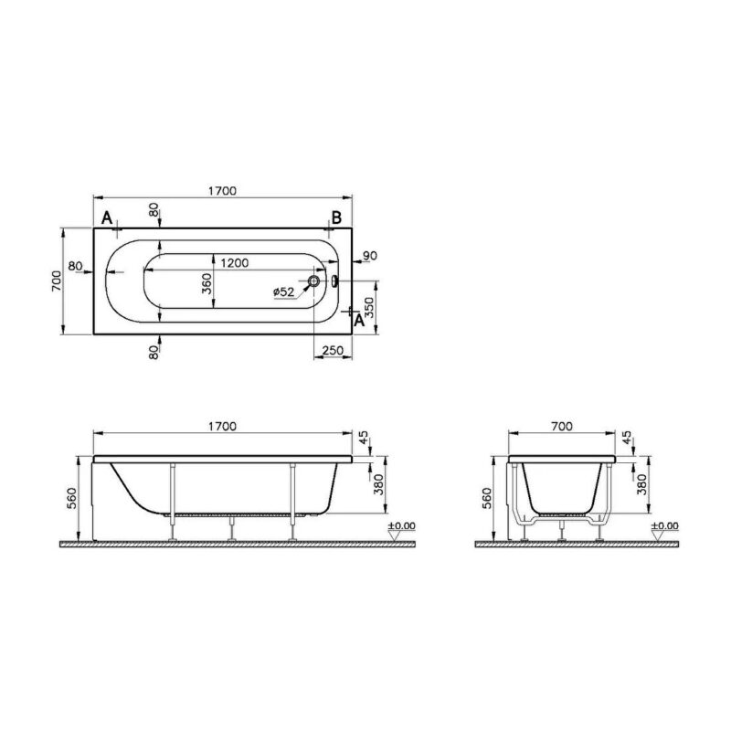 Vitra Optima 1700x700mm Standard Bath No Taphole White