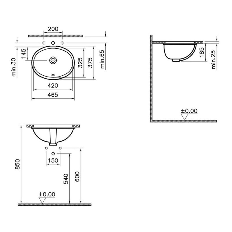 Vitra S20 Compact Under-Counter Basin 42cm Oval No Taphole