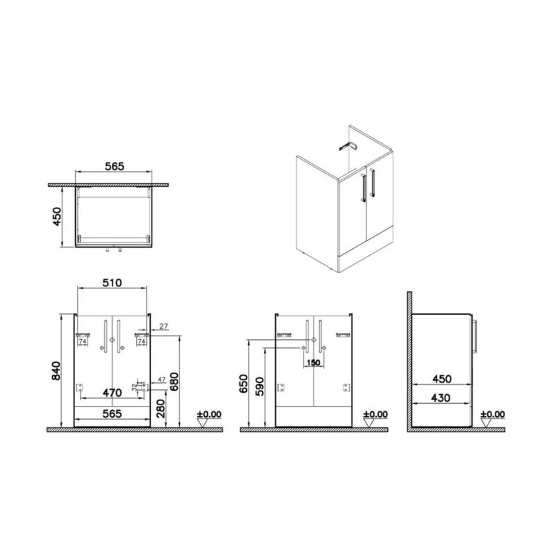 Vitra Root Flat 600mm 2 Door Floor Basin Unit Cordoba