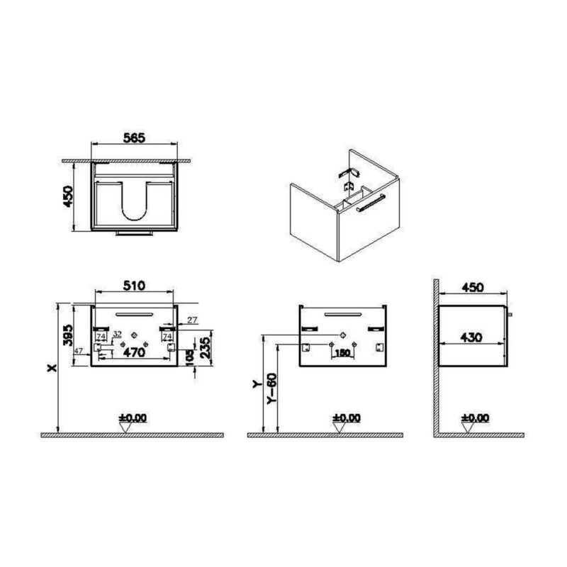 Vitra Root Flat 600mm 1 Drawer Basin Unit Walnut