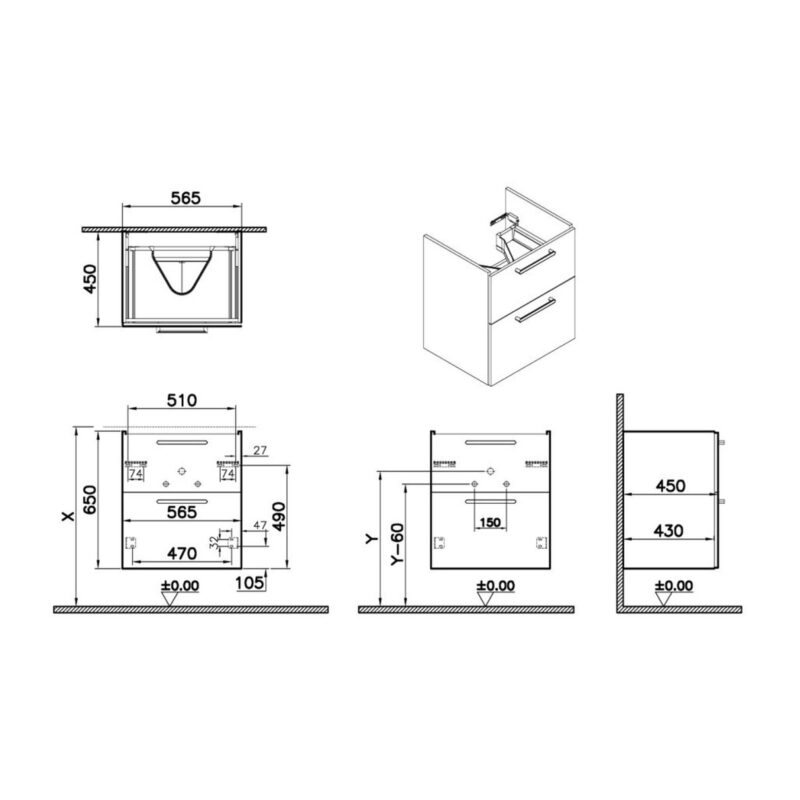 Vitra Root Flat 600mm Washbasin Unit with Two Drawers Cordoba