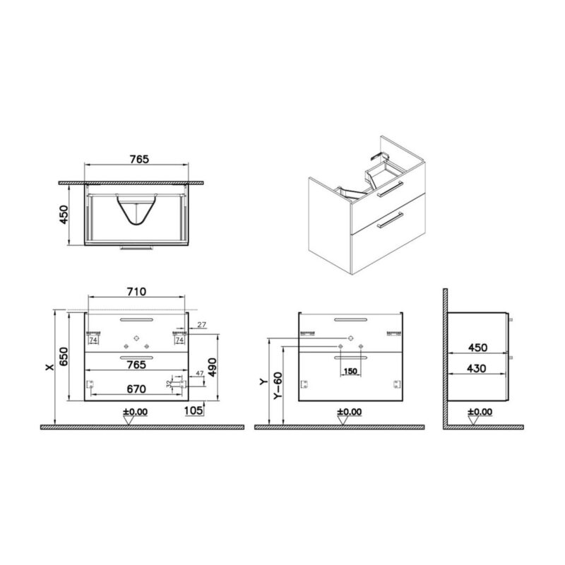 Vitra Root Flat 800mm 2 Drawer Basin Unit Gloss White