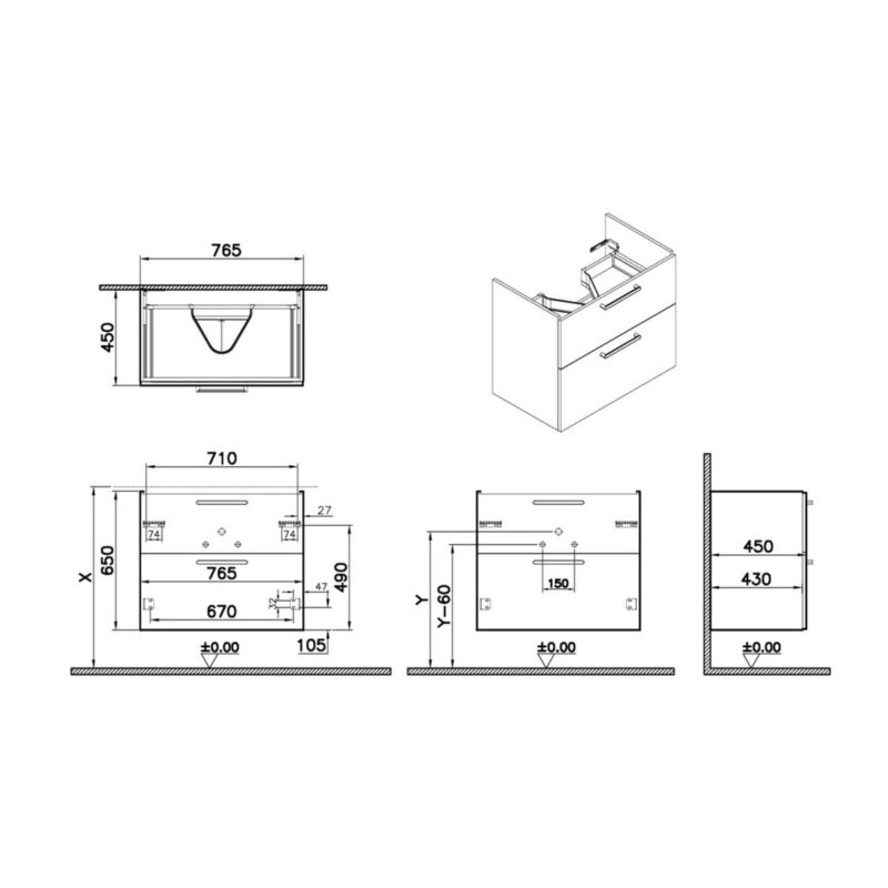 Vitra Root Flat 800mm 2 Drawer Basin Unit Cordoba