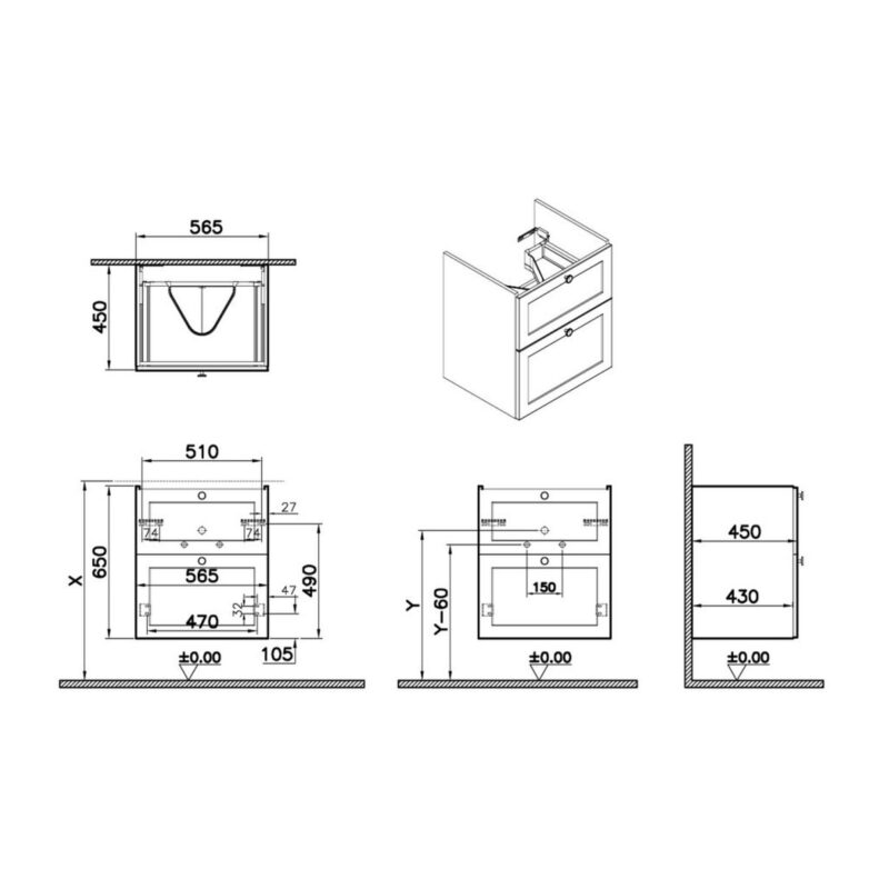 Vitra Root Classic 600mm Washbasin Unit with Two Drawers Matt Grey