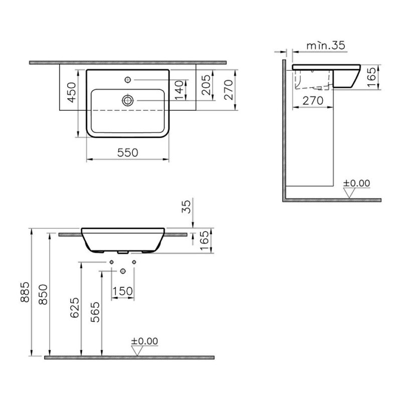 Vitra Integra Semi-Recessed Basin 55cm 1 Tap Hole