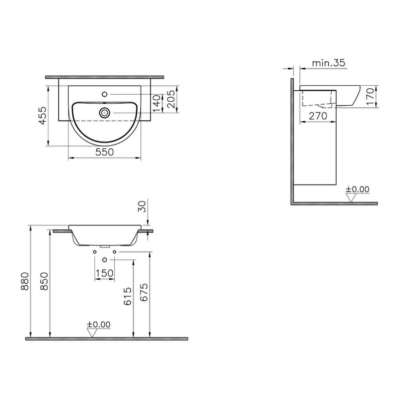 Vitra Integra Semi-Recessed 55cm Washbasin 1 Tap Hole