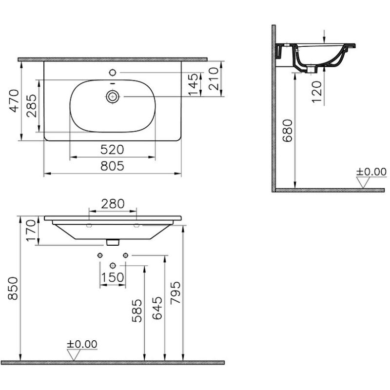 Vitra Zentrum 80cm Short Projection Vanity Basin