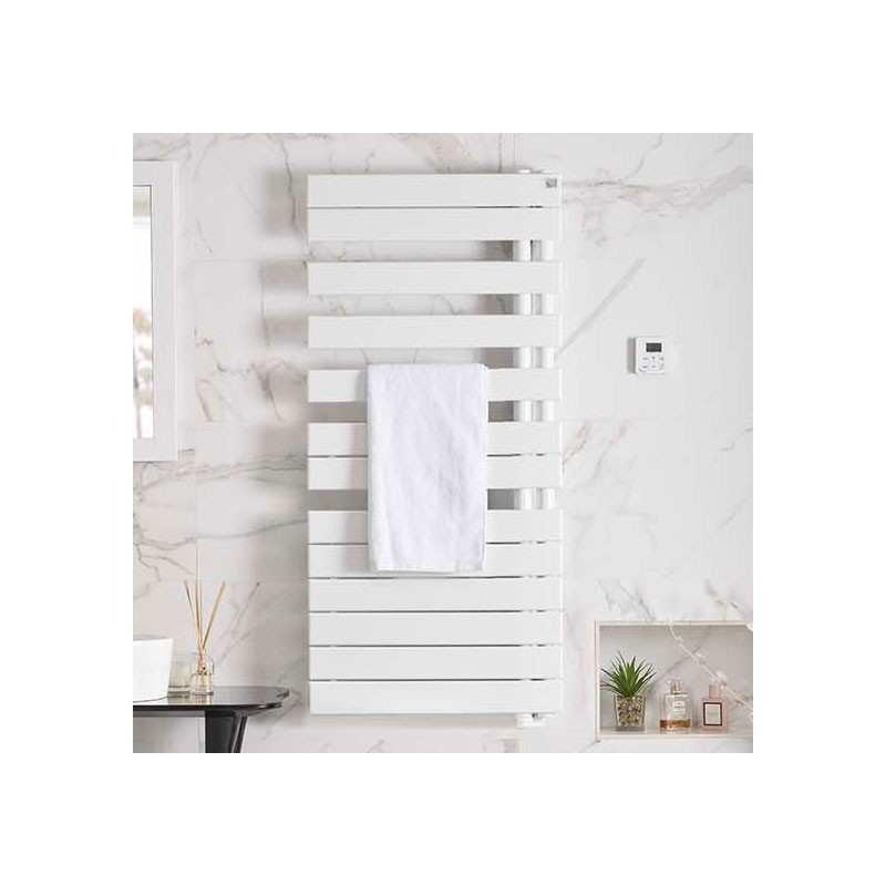 Zehnder Roda Spa Asym Left Heated Towel Rail 805 x 550mm Traffic White